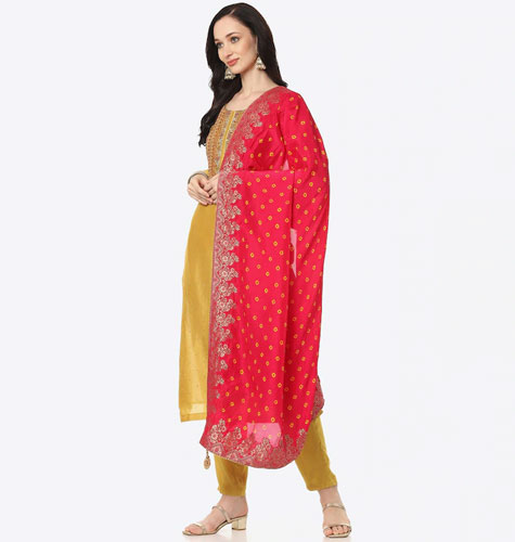 Women Mustard & Red Embroidered Unstitched Dress Material